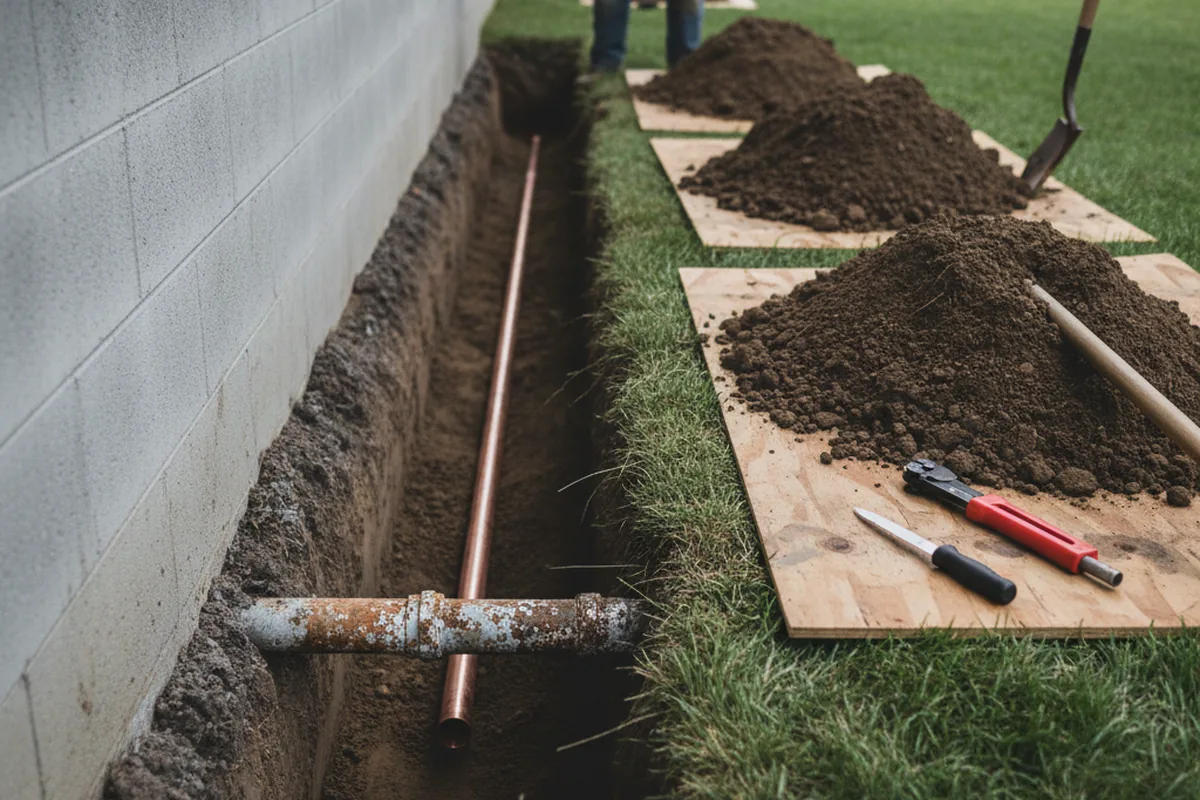 Excavated water line trench during Sewer Line Repair in Harrington